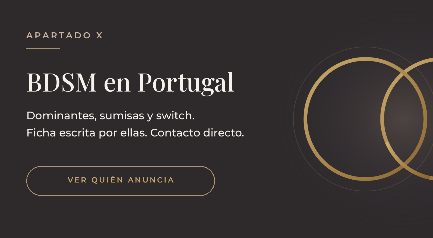 Dos eslabones entrelazados en dorado sobre fondo grafito, con el título BDSM en Portugal